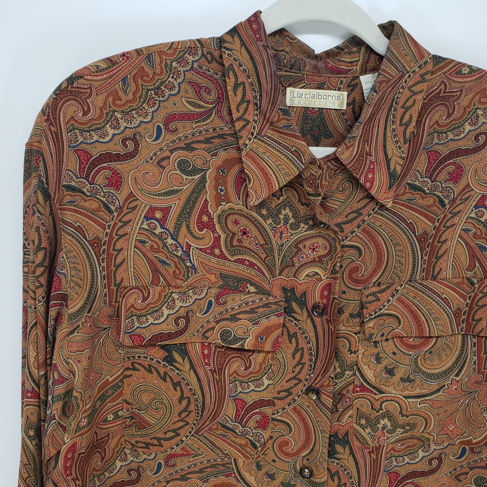 Vintage 90s Liz Claiborne Paisley Button Up Blouse Women L Brown Long Sleeve Top - Picture 3 of 7